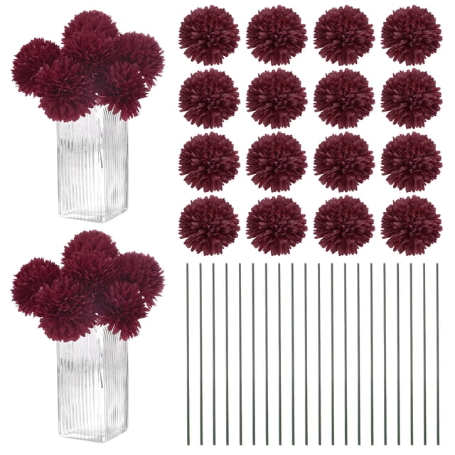 Uxcell Flores de Bola de Crisantemo Artificial, Ramos de Seda de Hortensia Falsos para el Hogar/Boda Rojo Vino 30 Pack