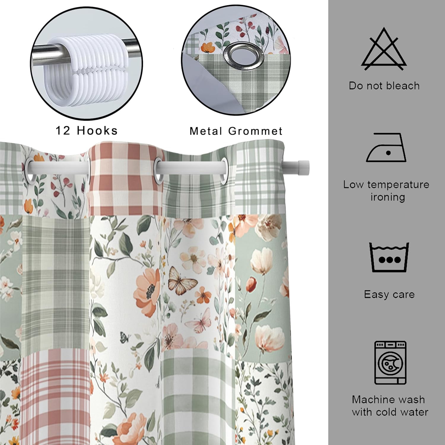 Cute Plaid Floral Shower Curtain, Boho Sage Green Flower Fabric Shower Curtains for Bathroom, Retro Pink Flower Checkered Patchwork Bath Curtain Set Washable Waterproof with 12Hooks 72X72IN