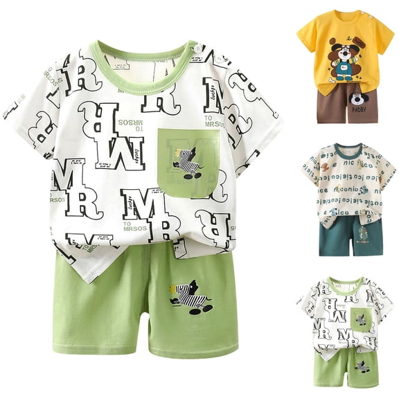 felwors Toddler Baby Boy Clothes Outfits Short Summer Sleeve Letters Printed Shirt Shorts Sets 2PC Little Boy Clothing (18-24 Months,Green)