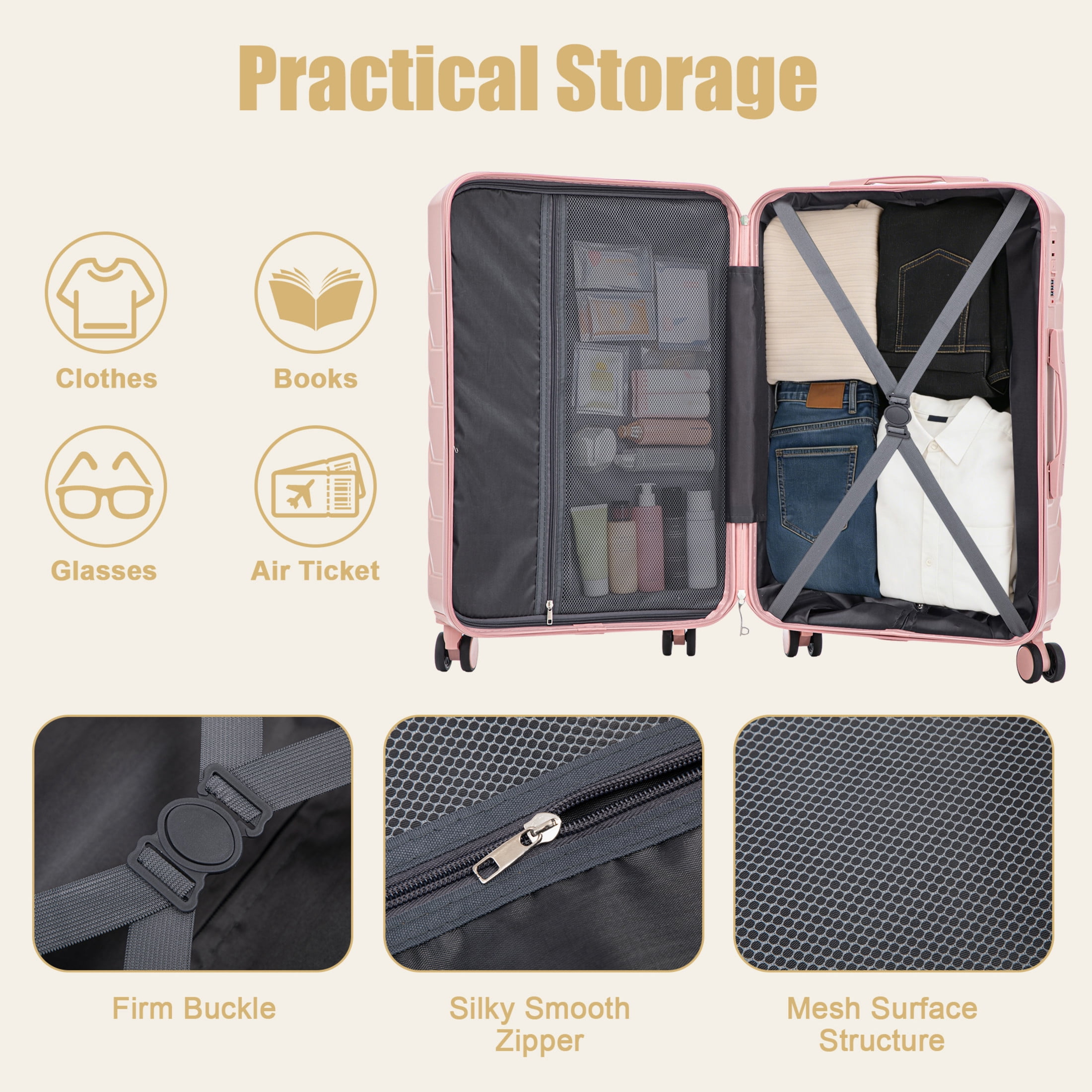 GDF Studio 28" Large Checked Luggage, Hardshell Scratch Resistant Suitcase with Side Hooks, Spinner Wheels, Pink