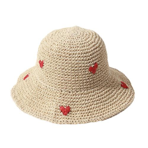 Women Foldable Wide Brim Floppy Straw Sun Hat Cute Heart Print Hat Summer  Beach Hat Crochet Bucket Hat for Women 