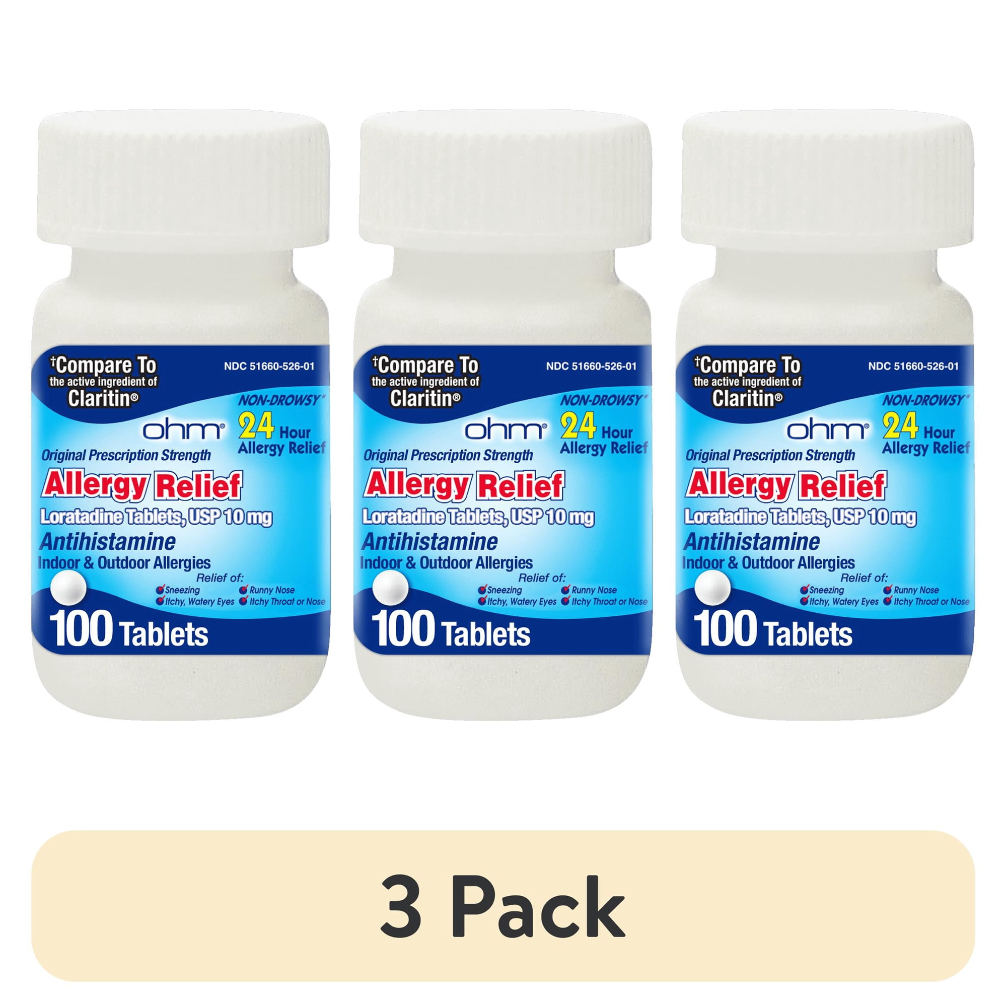 (3 pack) Ohm Loratadine Allergy Relief Tablets, 10 mg Antihistamine, Non-Drowsy 24-Hour Relief for Sneezing & Seasonal Allergies, 100 Count