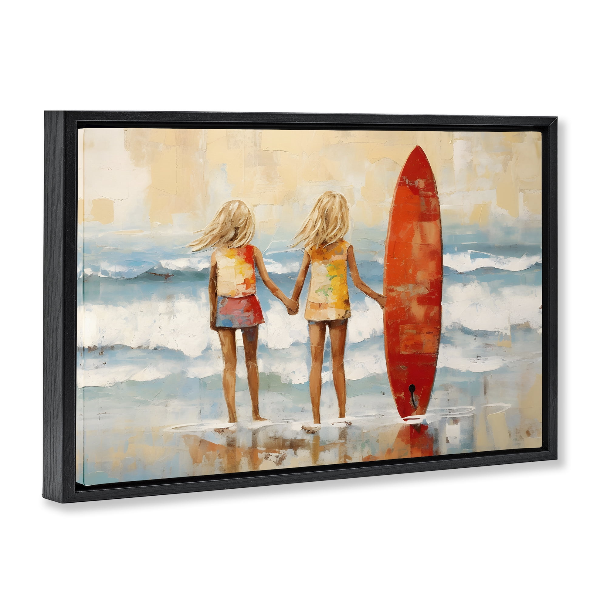 Stupell Industries Kids & Beach Surfboard People Painting Black Floater Framed Canvas Art Print Wall Art, 25 x 17