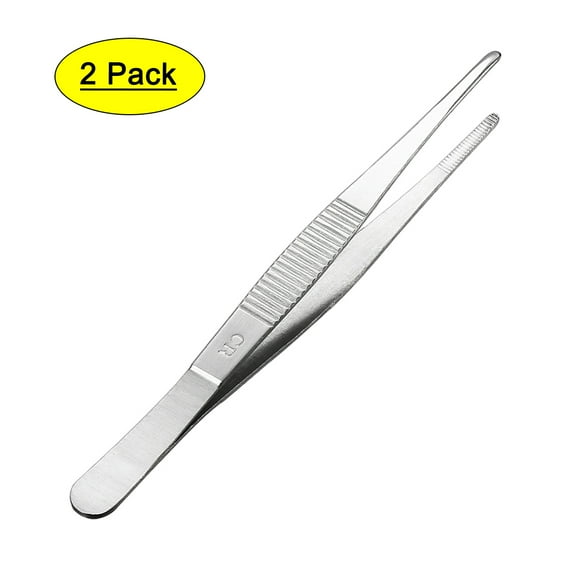 Unique Bargains 2Pcs 5.5 inch Stainless Steel Straight Blunt Tweezers with Serrated Tip