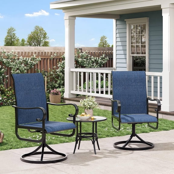 Set of 2 High Back Swivel Patio Dining Chairs – 360° Rocking, Ergonomic Weatherproof Navy Blue Textilene, Powder-Coated Steel Frame – Black Powder & Navy Blue Textilene – Set of 2
