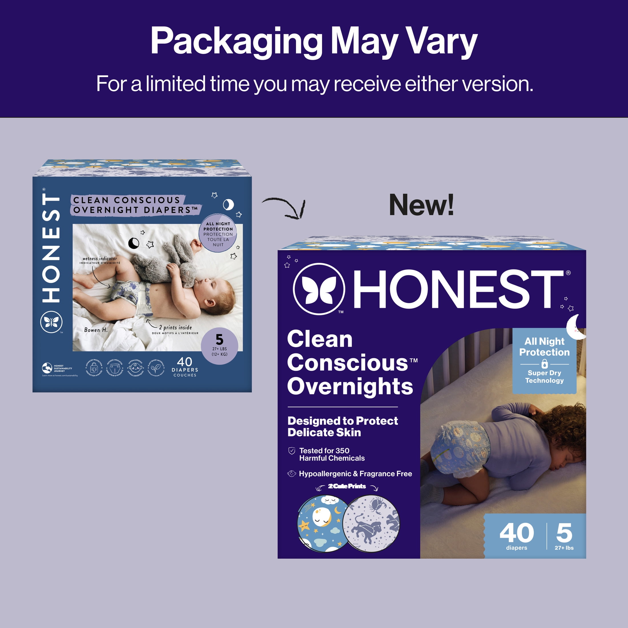 Clean Conscious™ Overnight Diapers, Up to 12 Hours of Protection, Hypoallergenic + Fragrance Free, Cozy Cloud + Star Signs, Size 5, 40 Count Club Box