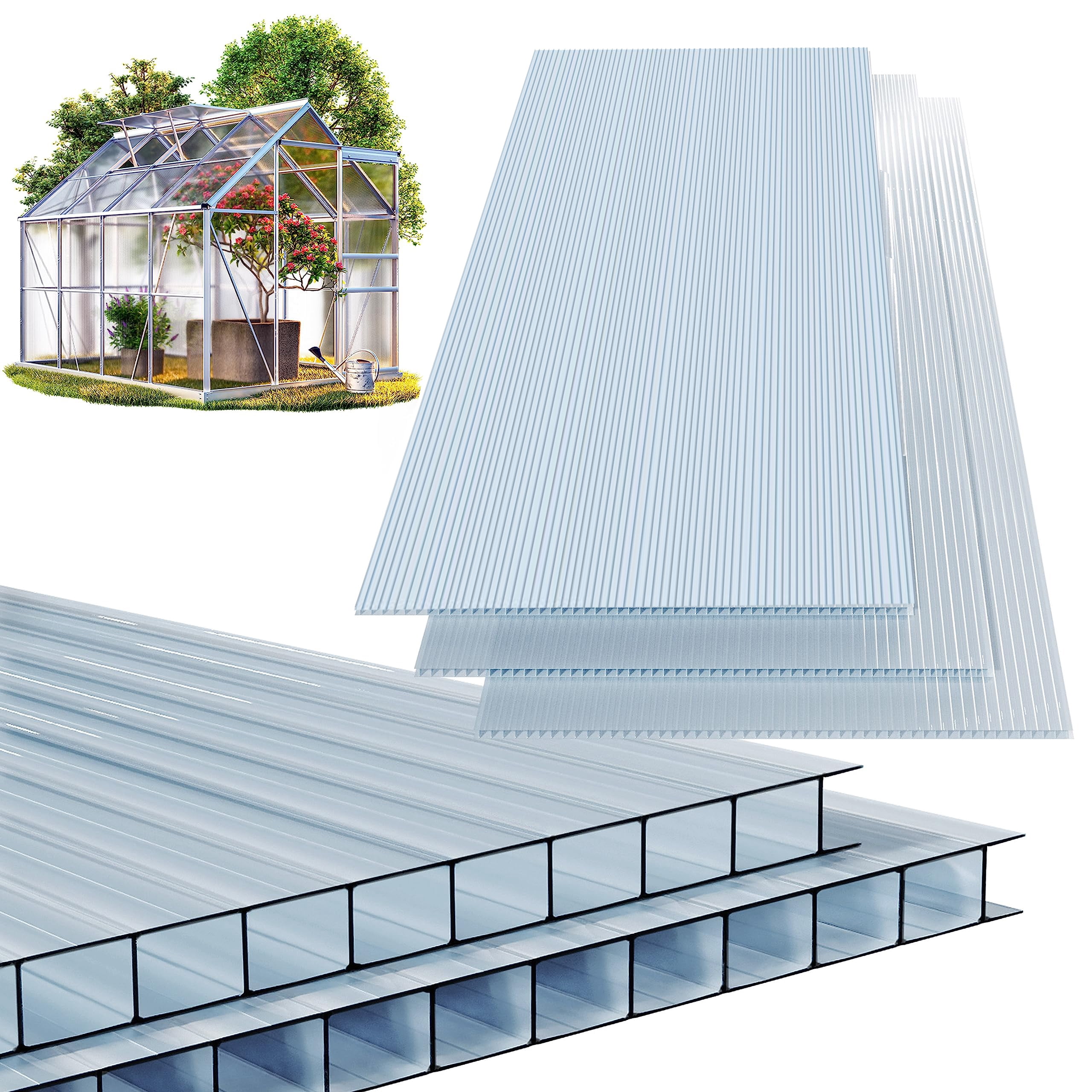 20 Pcs 2' x 4' Polycarbonate Greenhouse Panels, 4mm Twin-Wall, UV Protected, Waterproof, Shatterproof, Clear Reinforced Sheets for Greenhouse & Outdoor Use