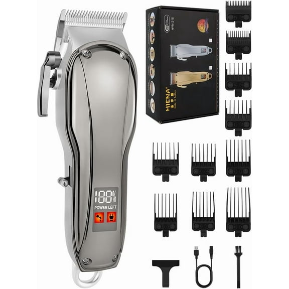 Professional Hair Clipper for Men, Adjustable Cordless Trimmer, Barber Hair Clipper, with LED Display, USB Charging, Zero-Distance Trimmer（Silver）