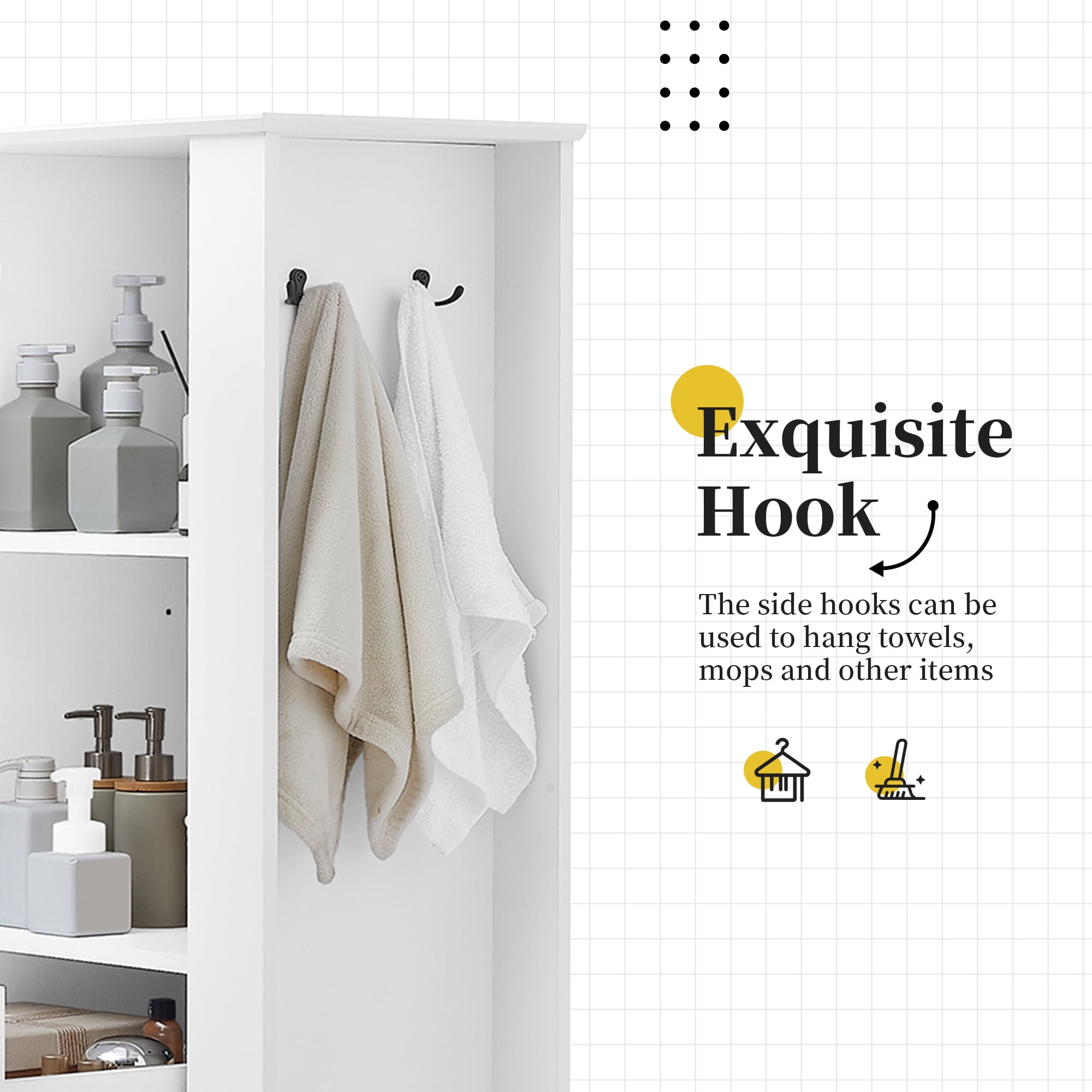 Euroco Tall Bathroom Storage Cabinet with Tilt-Out Hamper, Adjustable Shelves, Soft-Close Hinges, Side Hooks, Modern Slim Linen Tower Organizer