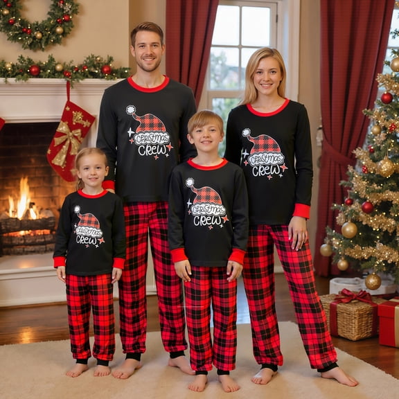 AIGUR Family Matching Christmas Crew Pajama Set, Buffalo Plaid Santa Hat Letter Print Long Sleeve Ringer Top Plaid Jogger Pants Holiday Loungewear Matching PJs for Men Women