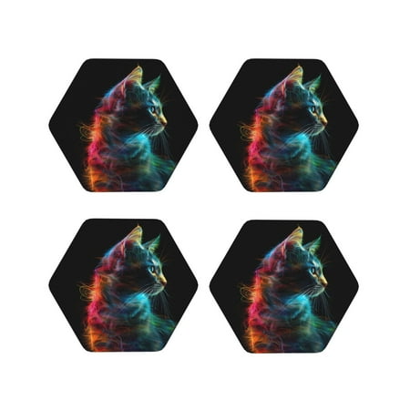 

Leather Coasters with Heat-resistant for Drinks Neon Spectrum Cat Portrait -标题2 Hexagon
