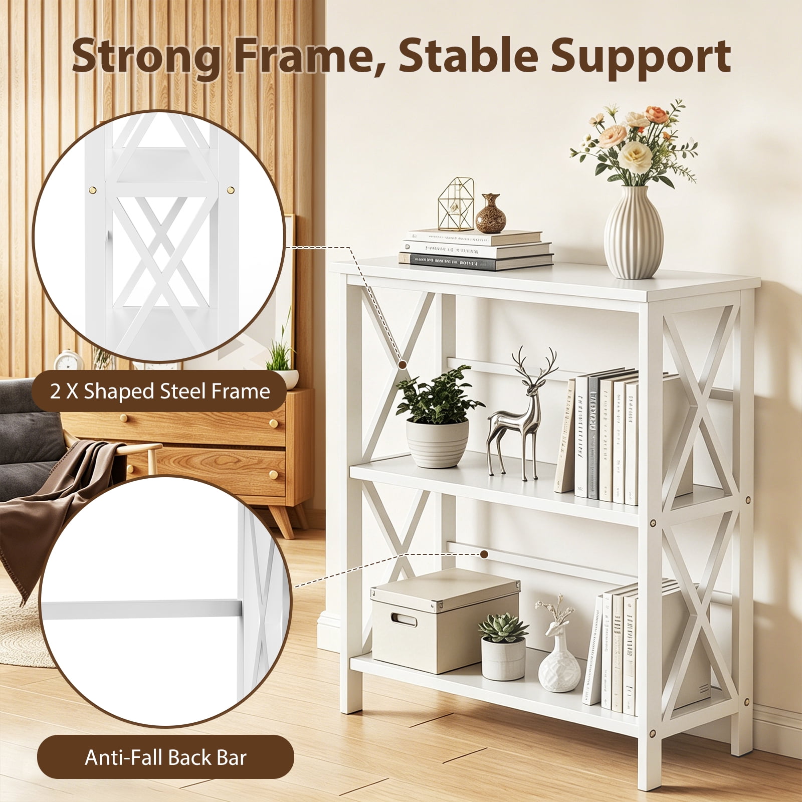 edx 3-Tier Metal Wall Mounted Bookshelf, Drill-Free Open Bookcase for Home Office/Study, Matte Finish Storage Shelves, White
