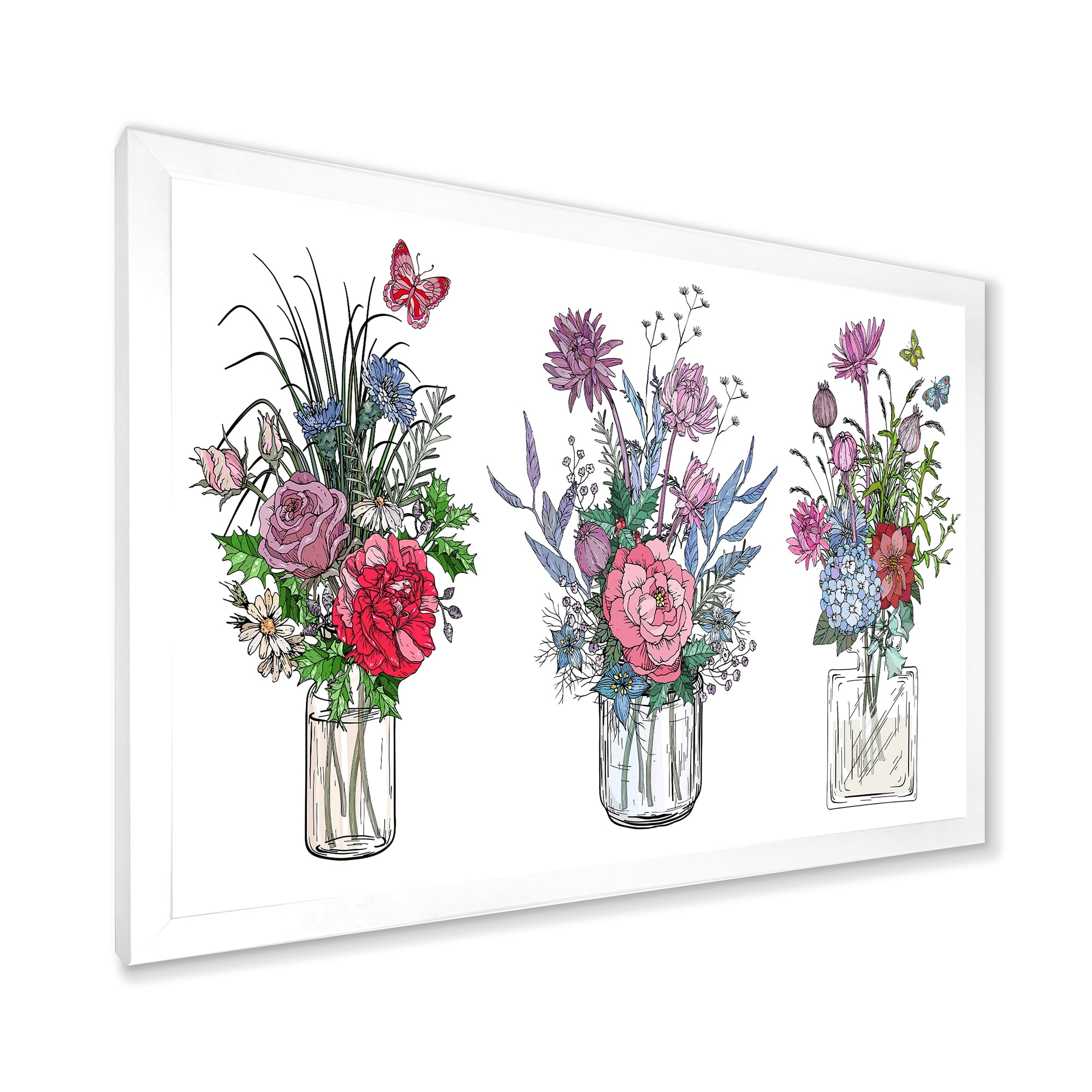 Designart 'Transparent Vases With Bouquets of Wildflowers I' Farmhouse Framed Art Print