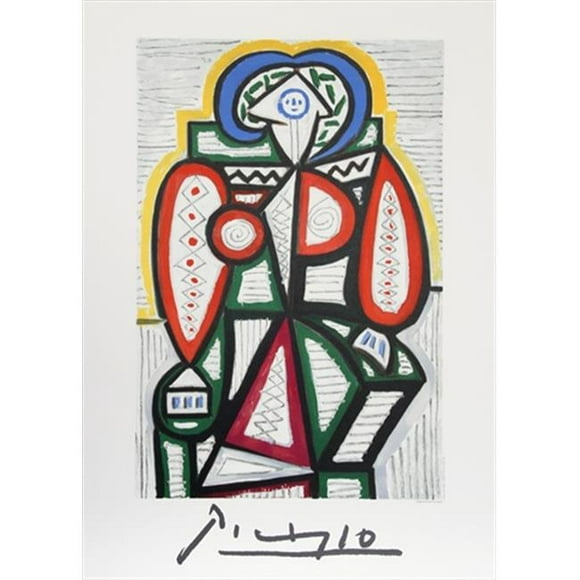 Pablo Picasso 7918 Femme Assise- Lithographie sur Papier 29 Po x 22 Po - Rouge- Bleu- Vert Jaune
