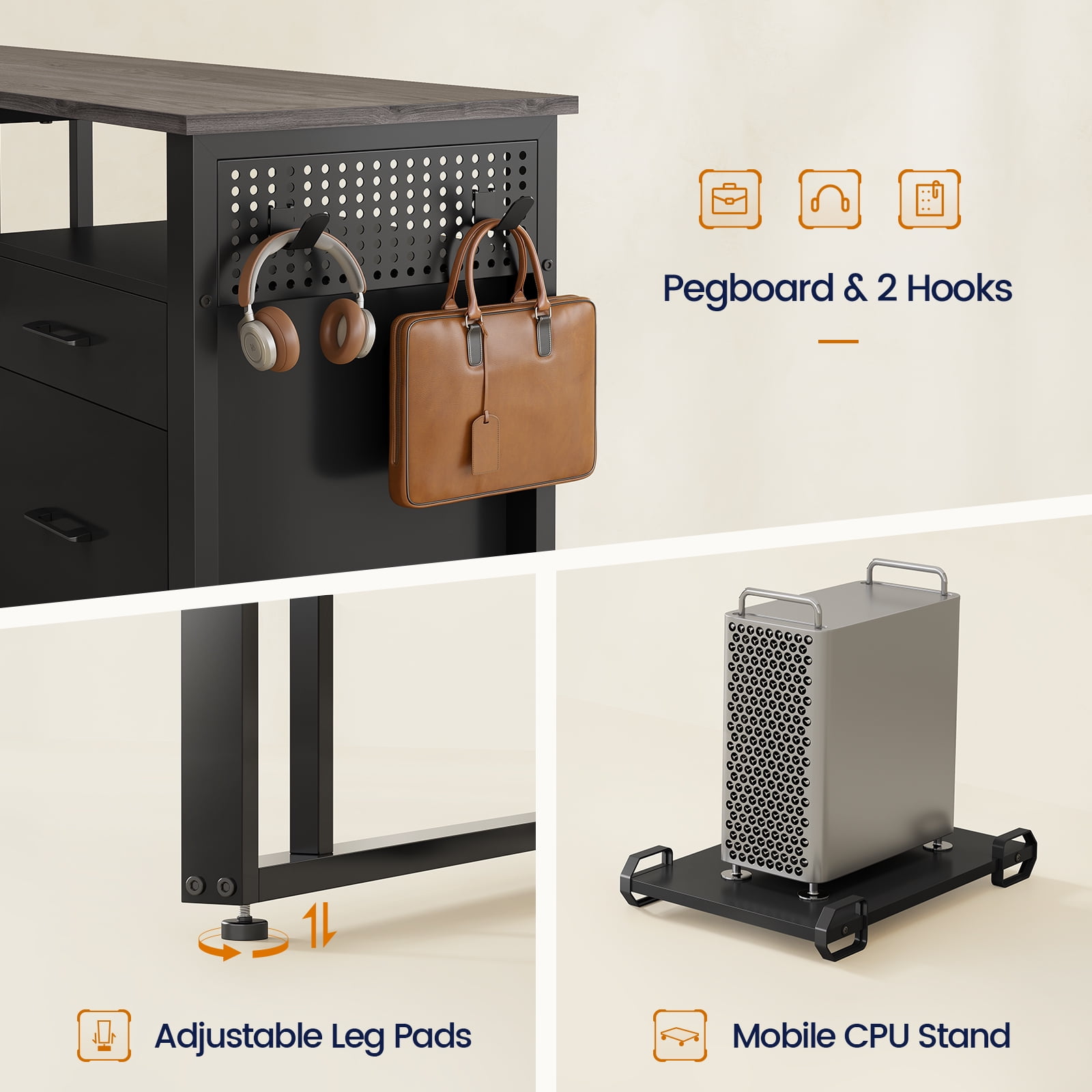 71" L-Shaped Executive Desk with Power Outlets & Mobile CPU Stand, Computer Desk with Storage Shelves, File Cabinet & Pegboard, Corner Desk for Office, Home, Grey