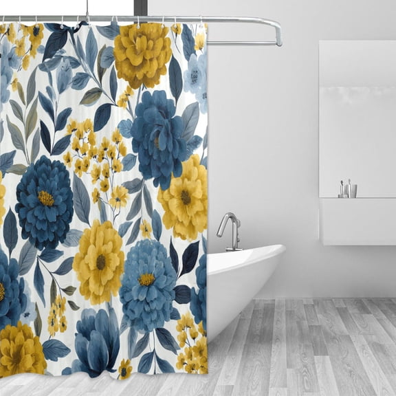 Blue and Yellow Blooming Flowers Shower Curtains with 12 Hooks Waterproof Bathroom Decor 66" x 72"