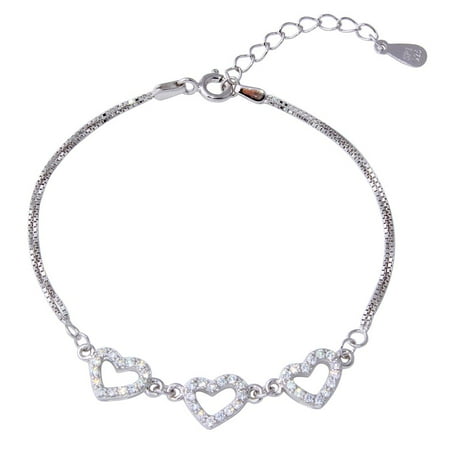 Silver Plated Heart Box Clear Cubic Zirconia Three Hearts Double Box Chain Bracelet Rhodium Plated Sterling Silver ()