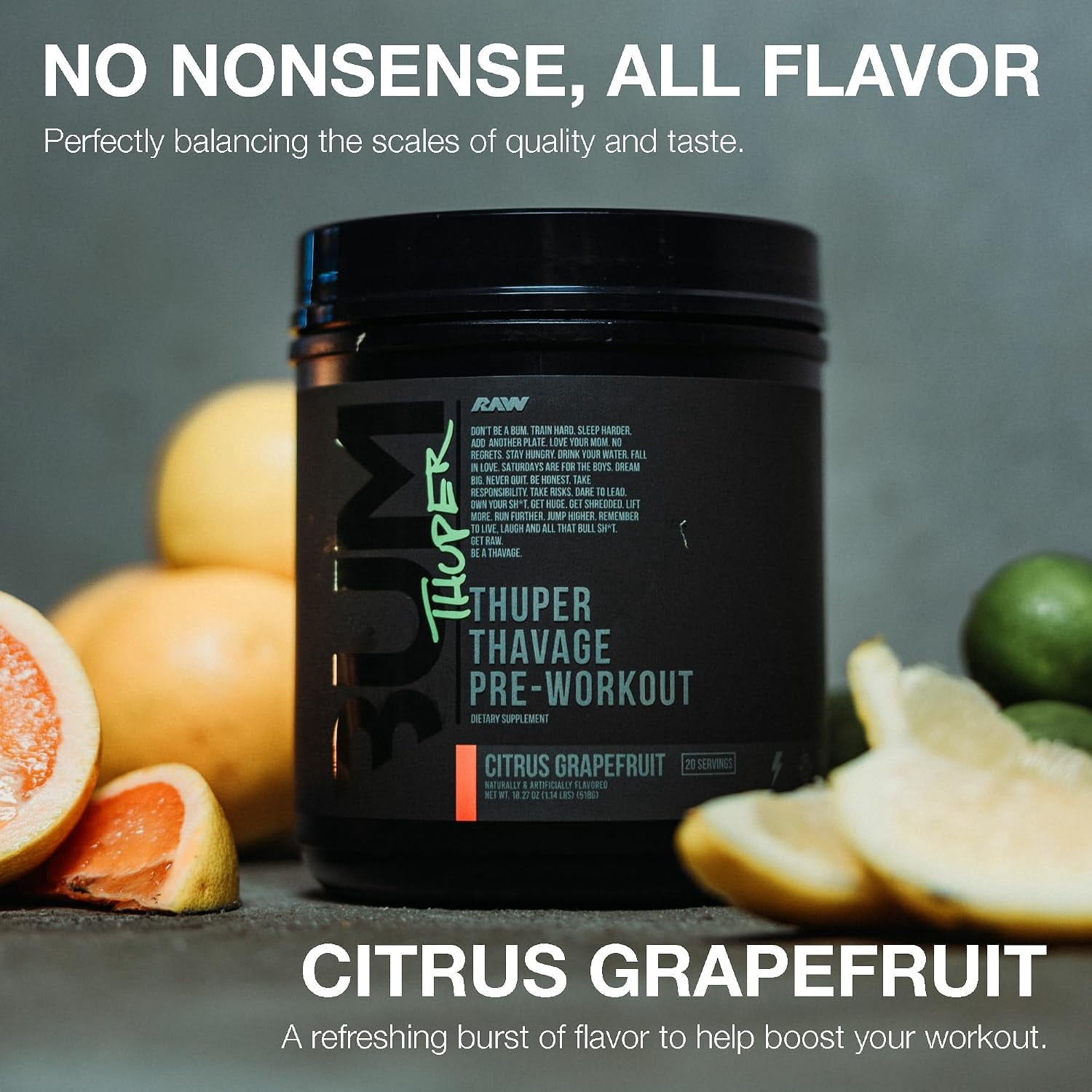 RAW Thuper Thavage Pre Workout Powder - High-Stim Preworkout with Creatine, Beta Alanine, L-Citrulline & Caffeine - Chris Bumstead Gym & Fitness Supplement for Men & Women - Citrus Grapefruit