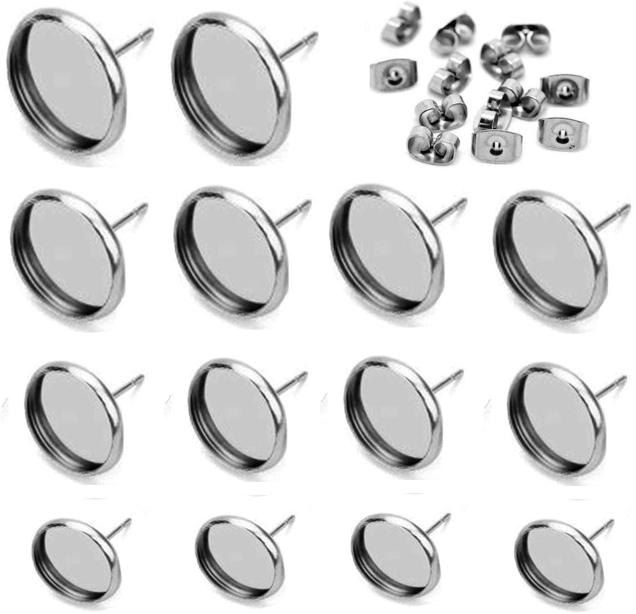 40pcs Mixed 8mm 10mm 12mm 14mm Stainless Steel Blank Stud Earring Bezel
