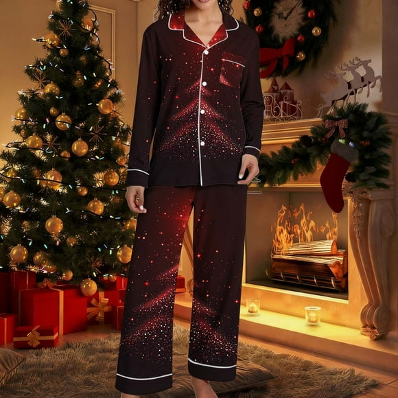 Puyaiuu Women 2 Piece Christmas Satin Pajama Set Cute Print Long Shirt Loose Shorts Matching Set Loungewear Gift