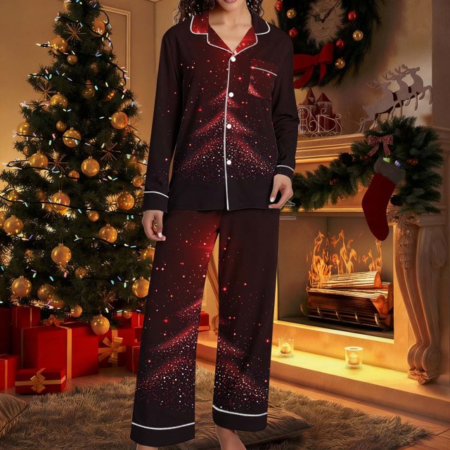 Puyaiuu Women 2 Piece Christmas Satin Pajama Set Cute Print Long Shirt Loose Shorts Matching Set Loungewear Gift
