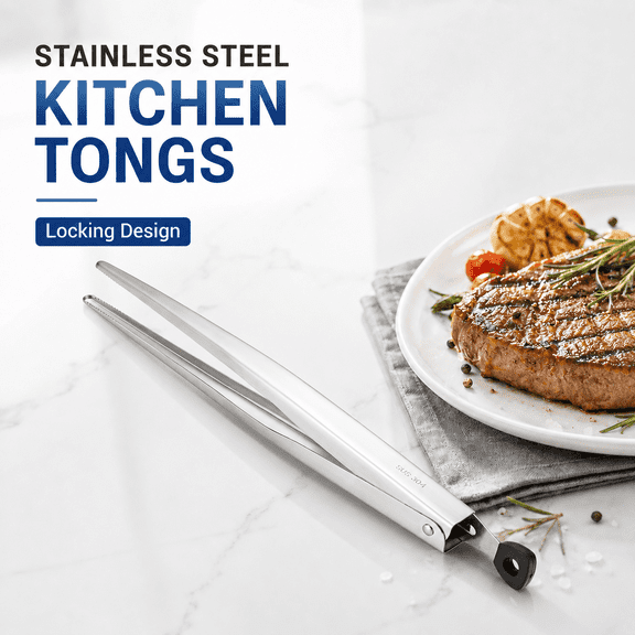 VBNDMAW 12 Inch Stainless Steel Kitchen Tongs, Locking Heavy Duty Cooking Tongs with Serrated Tips, Non-Slip Handle for Grilling and Serving