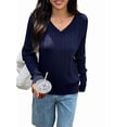 thumbnail image 2 of Women Long Sleeve Cable Knit Sweater Fashion V Neck Fitted Pullover Top Business Casual Fall Outfits Navy Blue M, 2 of 7