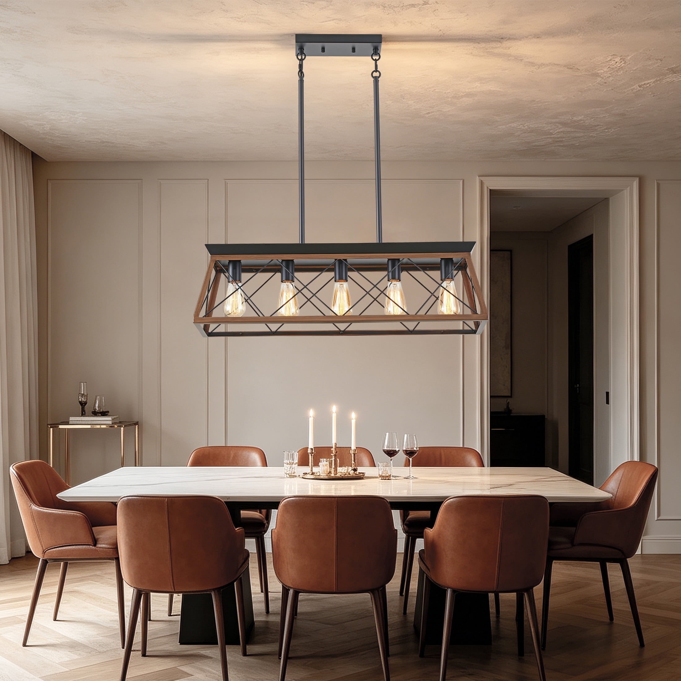 GDF Studio 5-Light E26 Farmhouse Chandelier, Rustic Kitchen Island Pendant Light with Adjustable Height, Walnut