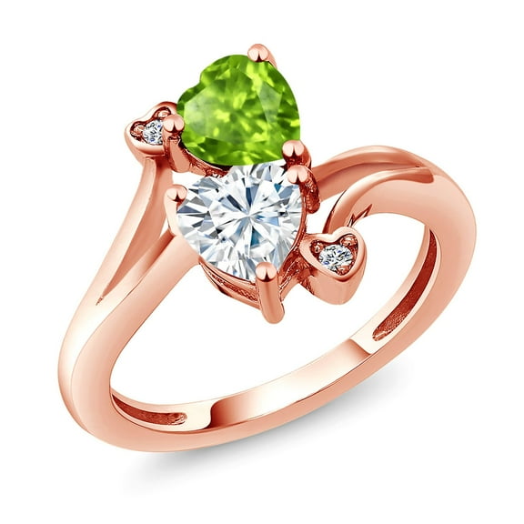 Gem Stone King 18K Rose Gold Plated Silver Green Peridot White Moissanite and White Diamond Ring for Women (1.60 Cttw, Heart Shape 6MM, Gemstone August Birthstone, Size 6)