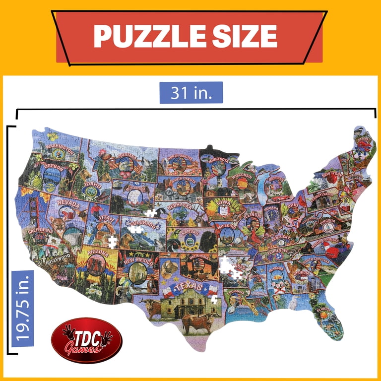 TDC Games US Map Puzzle Great American Roadtrip With Individual States, 1000 Piece Jigsaw Puzzles For Adults, Large America Shaped Educational Puzzle, Challenging Puzzles Map Of USA