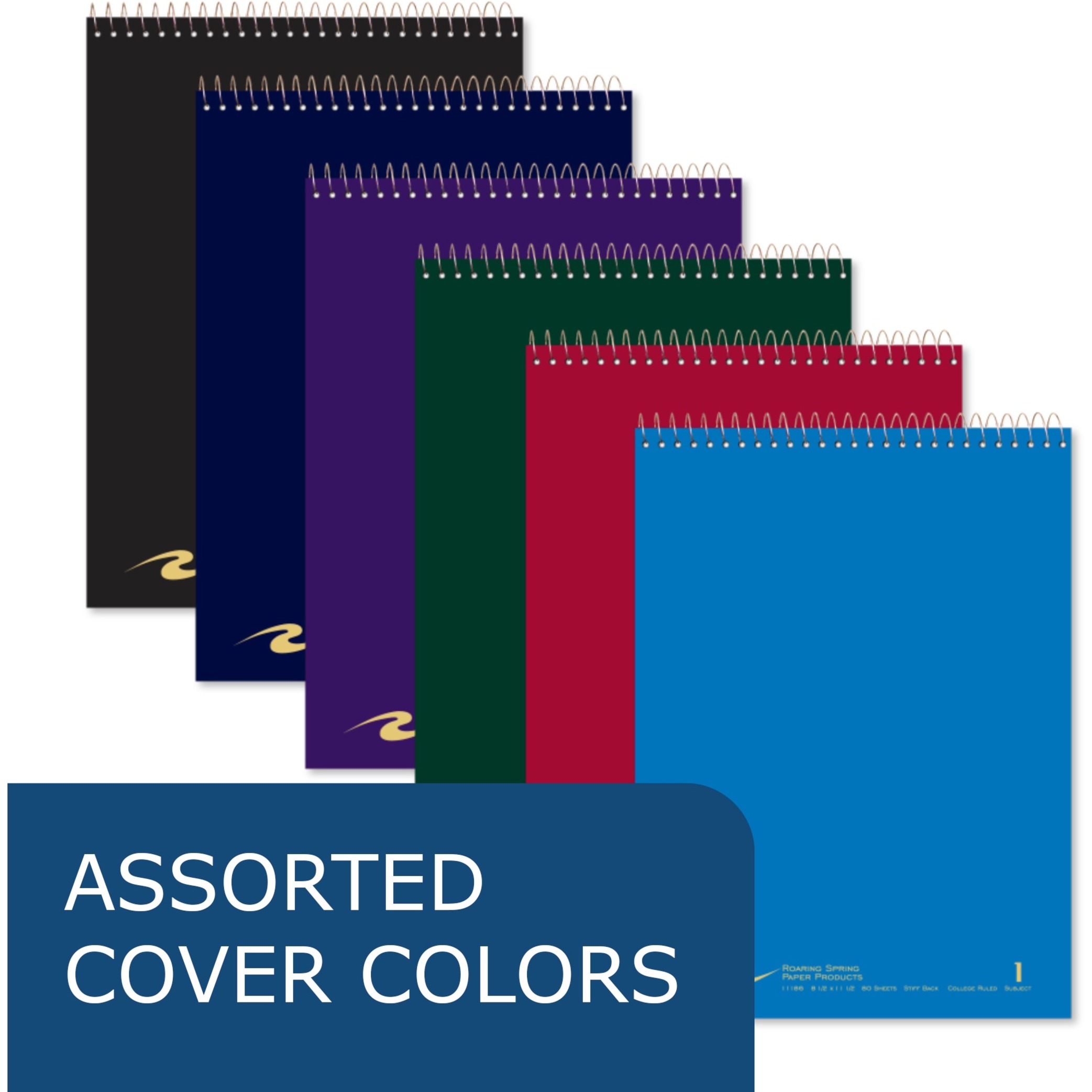 Roaring Spring Flipper College Ruled One Subject Topbound Spiral Notebook, 3 Hole Punched, 1 Case (24 Total), 11.5" x 8.5" 80 Sheets, Assorted Saranac Colors