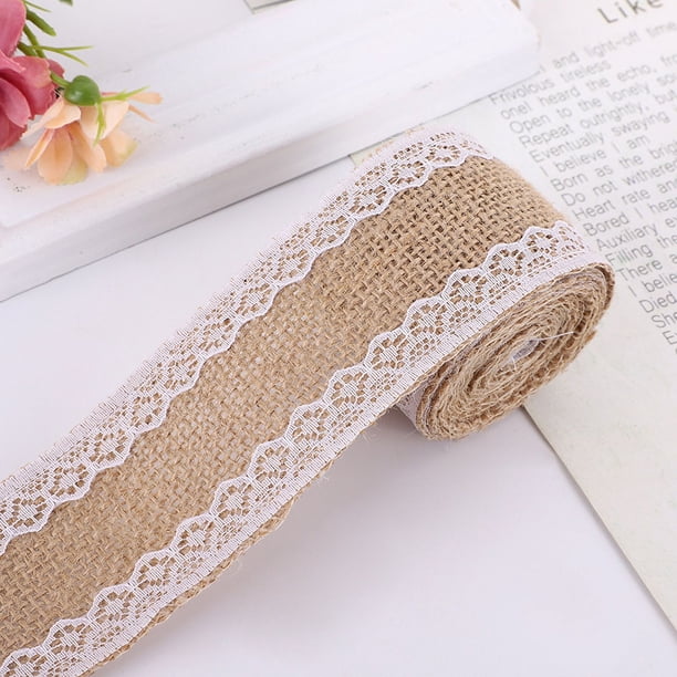 Rollos de cinta, corona de arpillera natural con encaje blanco, cinta de yute de arpillera, cintas de arpillera natural, cinta de encaje para manualidades, para bodas, bricolaje, envoltura de regalos,