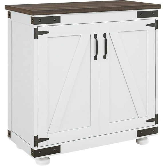 Modern Sideboard, Buffet Cabinet with Barn Door and Adjustable Shelf, Kitchen Pantry Cabinet, Distressed White and Brown