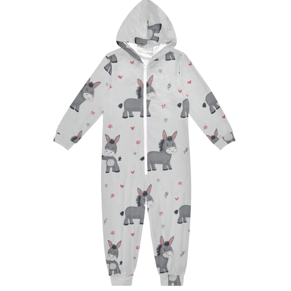 Soft Big Kids Onesie Pajamas Cozy Loose-Fit Jumpsuits for kids with Pockets for Christmas Lounge & Play Grey Cute Donkeys Pattern