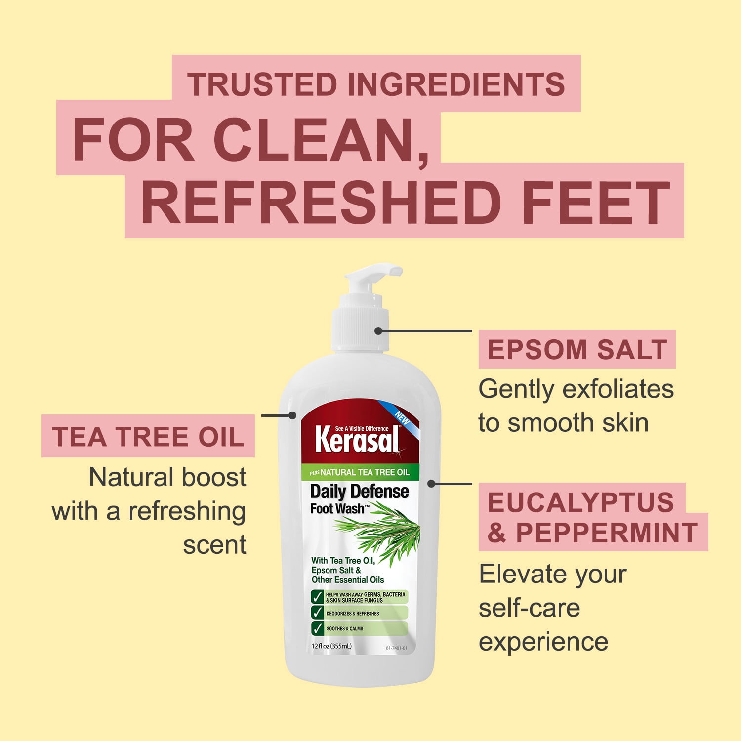 (4 pack) Kerasal Daily Defense Foot Wash Plus Natural Tea Tree Oil, 12 fl oz (355 ml)