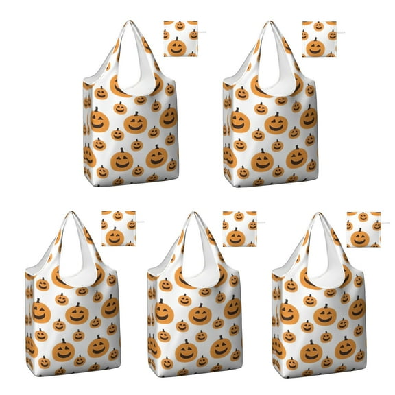 5 Pack Foldable Shopping Bag,Halloween Simple Pumpkin Pattern Reusable Grocery Bags with Pockets,Large Reusable Tote Bags with Handles Waterproof & Lightweight