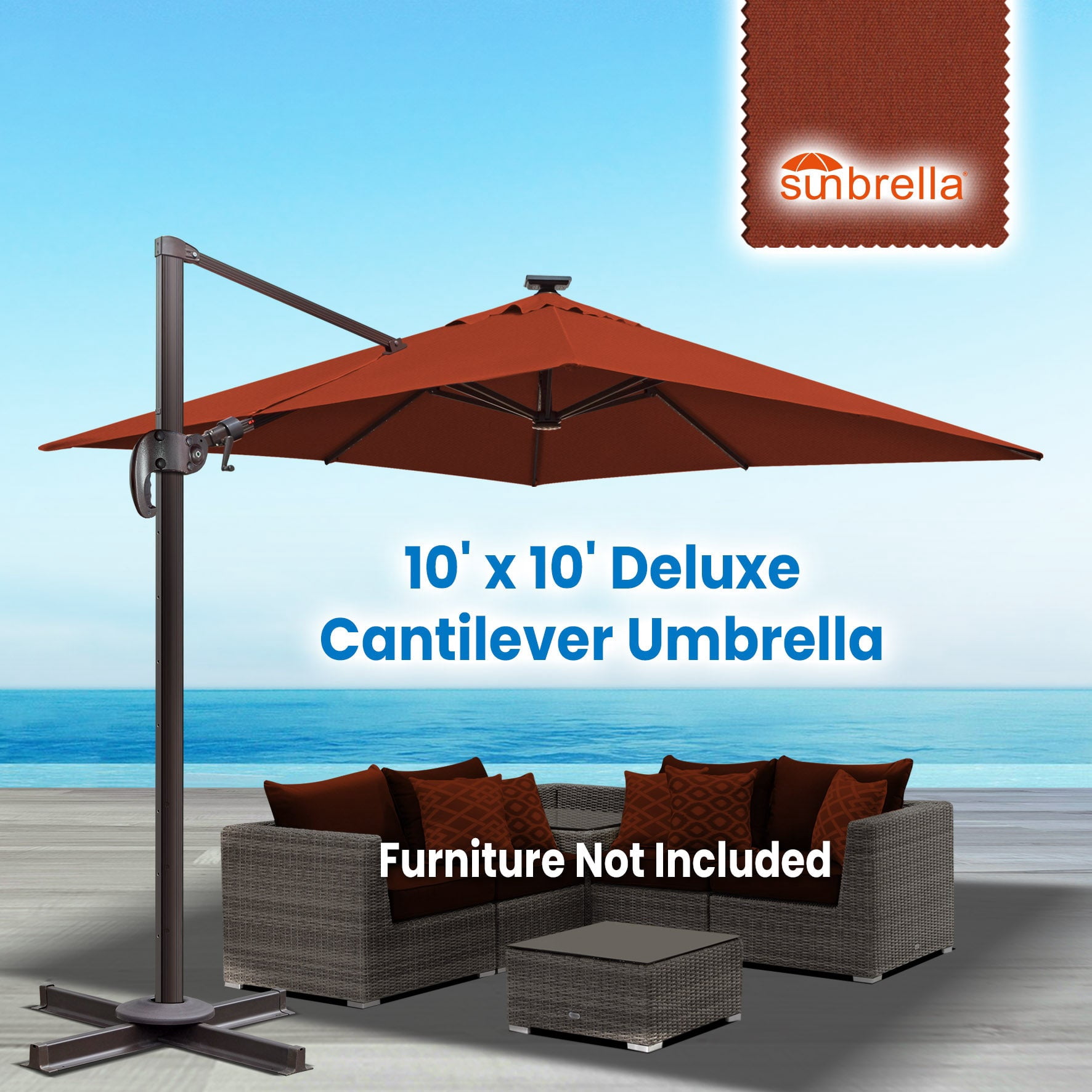SUNRISEUMBRELLA Square 10'x10' Deluxe Roma square cantilever umbrella, With LED light(Henna)