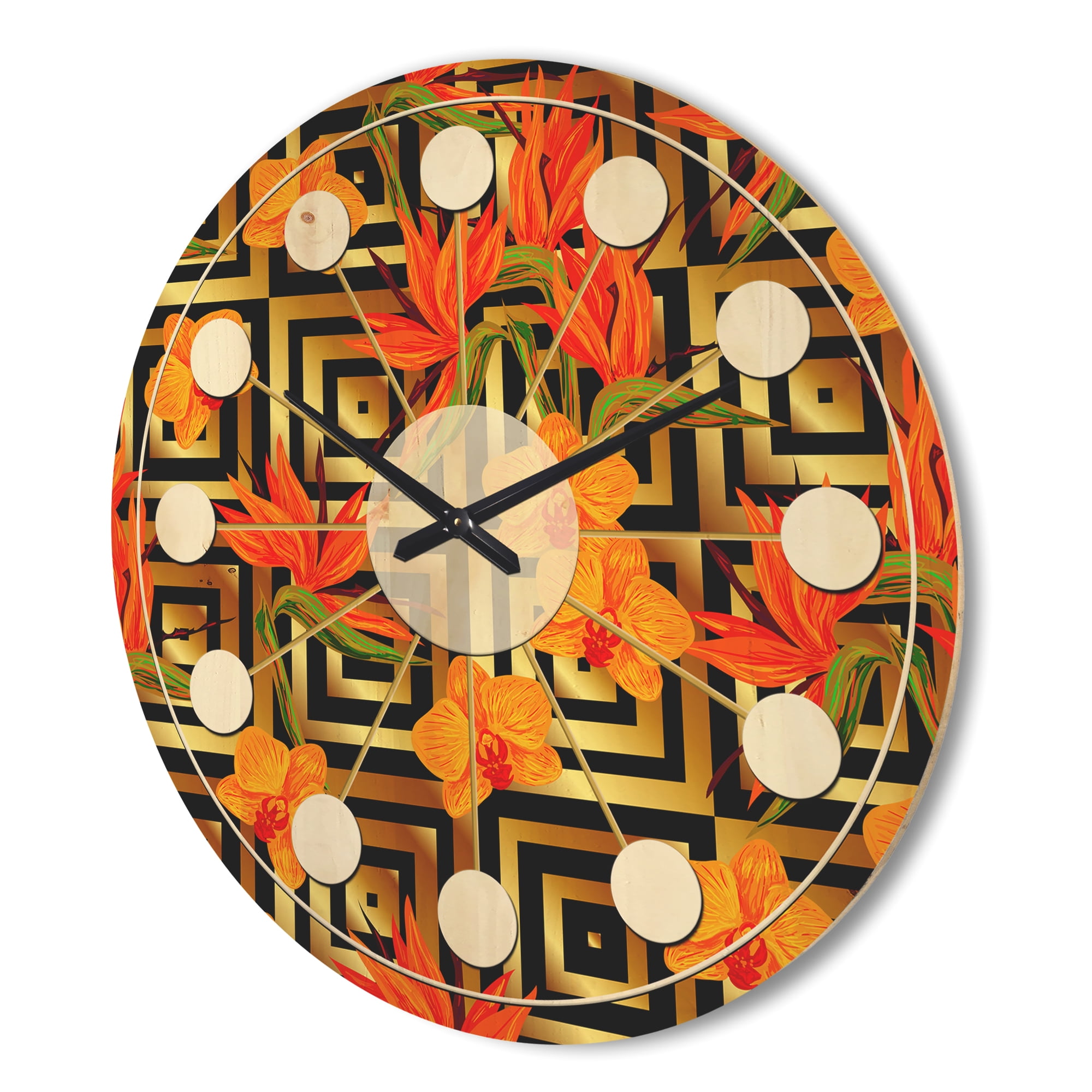 Designart 'Tropical Luxury Gold Pattern II' Mid-Century Modern Wood Wall Clock