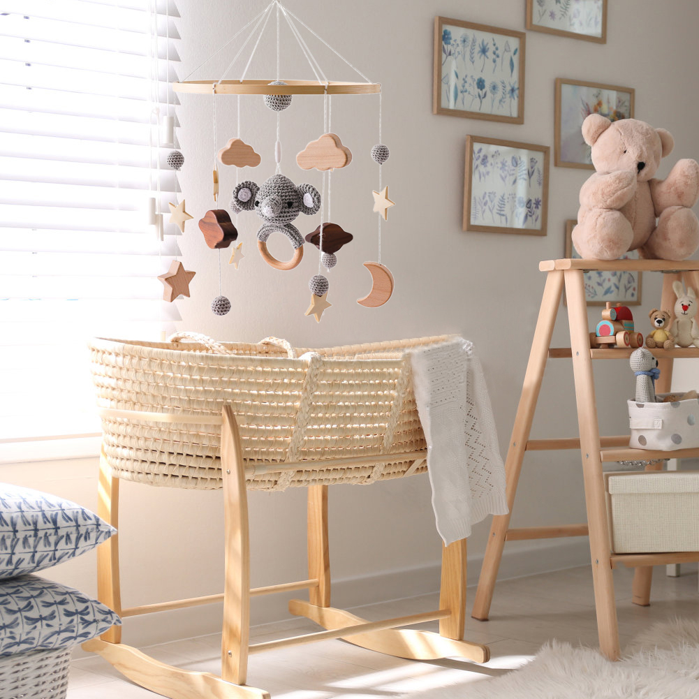 Baby Crib Mobile with Wooden Wind Chimes – Crochet Star, Moon & Cloud Hanging Bed Bell for Newborn Sleep, Sensory Development & Nursery Decoration
