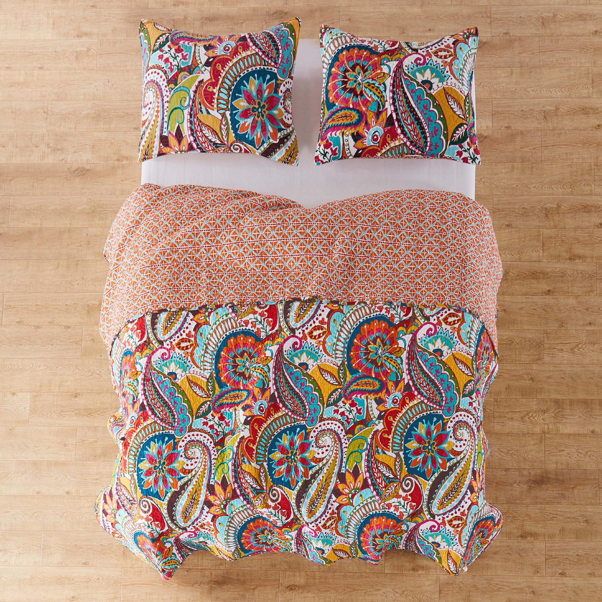 Levtex Home - Rhapsody Quilt Set - Full/Queen Quilt + Two Standard Pillow Shams - Paisley - Yellow, Orange, Red, Green, & Blues - Quilt Size (88x92in.) and Pillow Sham Size (26x20in.) - Reversible -