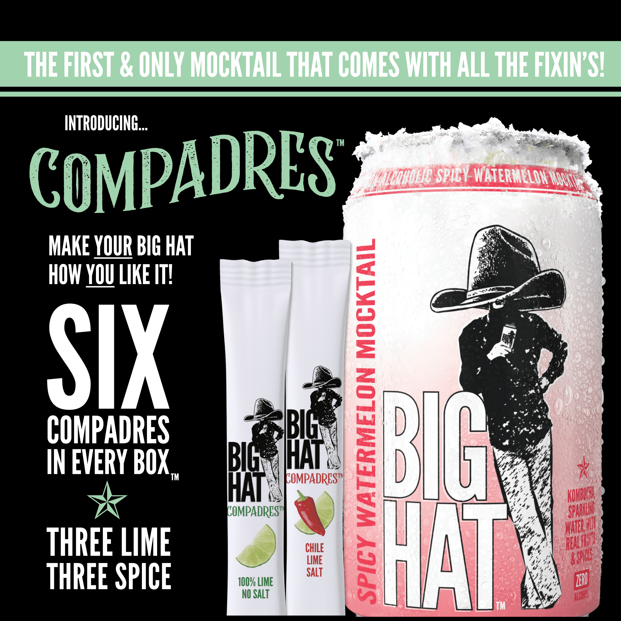 BIG HAT Mocktail Non-Alcoholic Variety Pack with Margarita, Nojito, and Spicy Watermelon, 6 Pack, 12 fl oz Cans