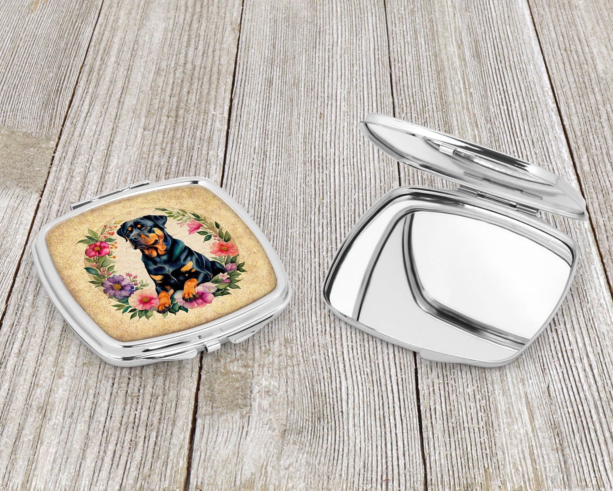 Rottweiler and Flowers Compact Mirror 2.75 in x 3 in