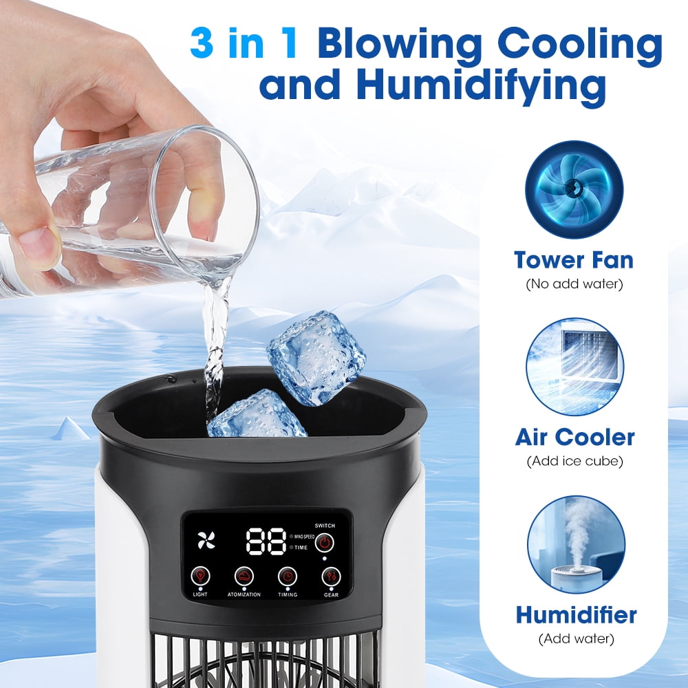 Portable Air Conditioner Fan, 6-Speed Cooling Fan with Humidifier, 6H Timer, 7-Color Ambient Light, 300ml Water Tank, USB Powered Desktop Air Cooler for Home Office Bedroom