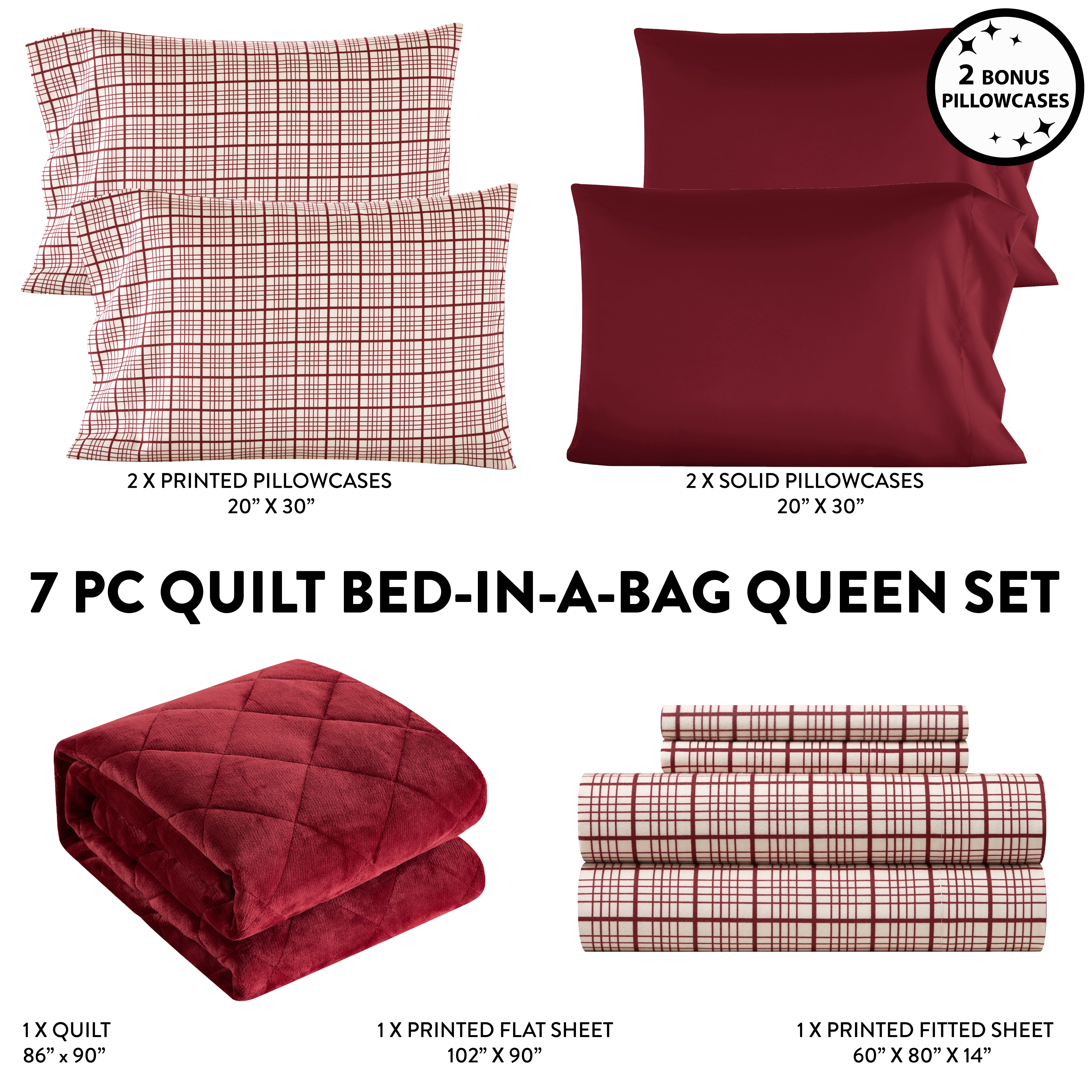 Dearfoams Burgundy Velvet Plush 7 Piece Quilt Bedding Set with Flannel Sheets, Queen
