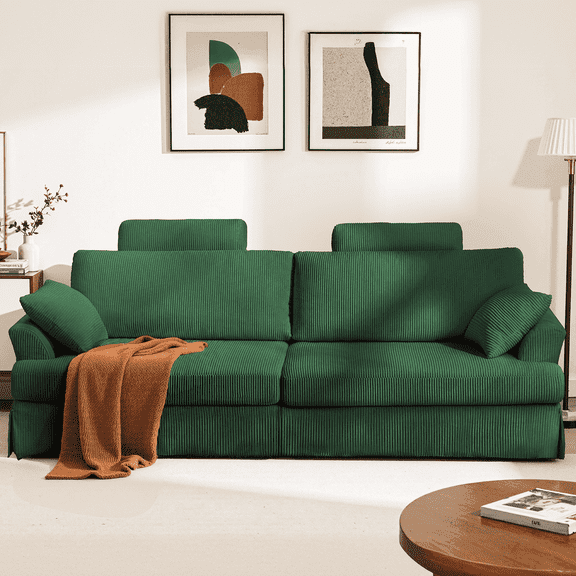 87" Cloud Comfy Sofa Couch with Deep Seat and Thick Cushion, Corduroy Upholstered Fabric Soft for Living Room Office, Green (Includes Headrest)
