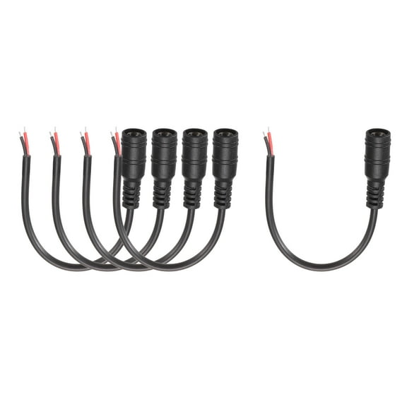 Uxcell 5pcs DC Power Pigtails Cable, 5.5 x 2.1mm Female Barrel Plug Connector to Bare Wire Open End for CCTV Camera, DVR, LED Strip, 15cm Black