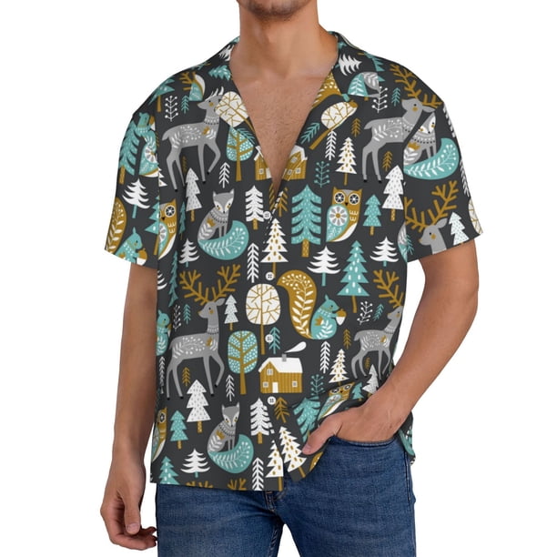 Fotbe Moose Squirrel owls tree Camisa Estampada de Manga Corta para Hombre, Casual de Verano, Estilo Playero, Sin Arrugas-XX-Large