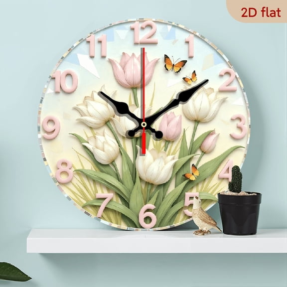 2D Flat 1pc 10Inch Wooden Modern Floral Wall Clock - Pastel Pink Green Tulip design, Silent Quartz Movement, Battery-Powered (AA Not Included) - Minimalist Home, Living Room, Bedroom, Office Decor