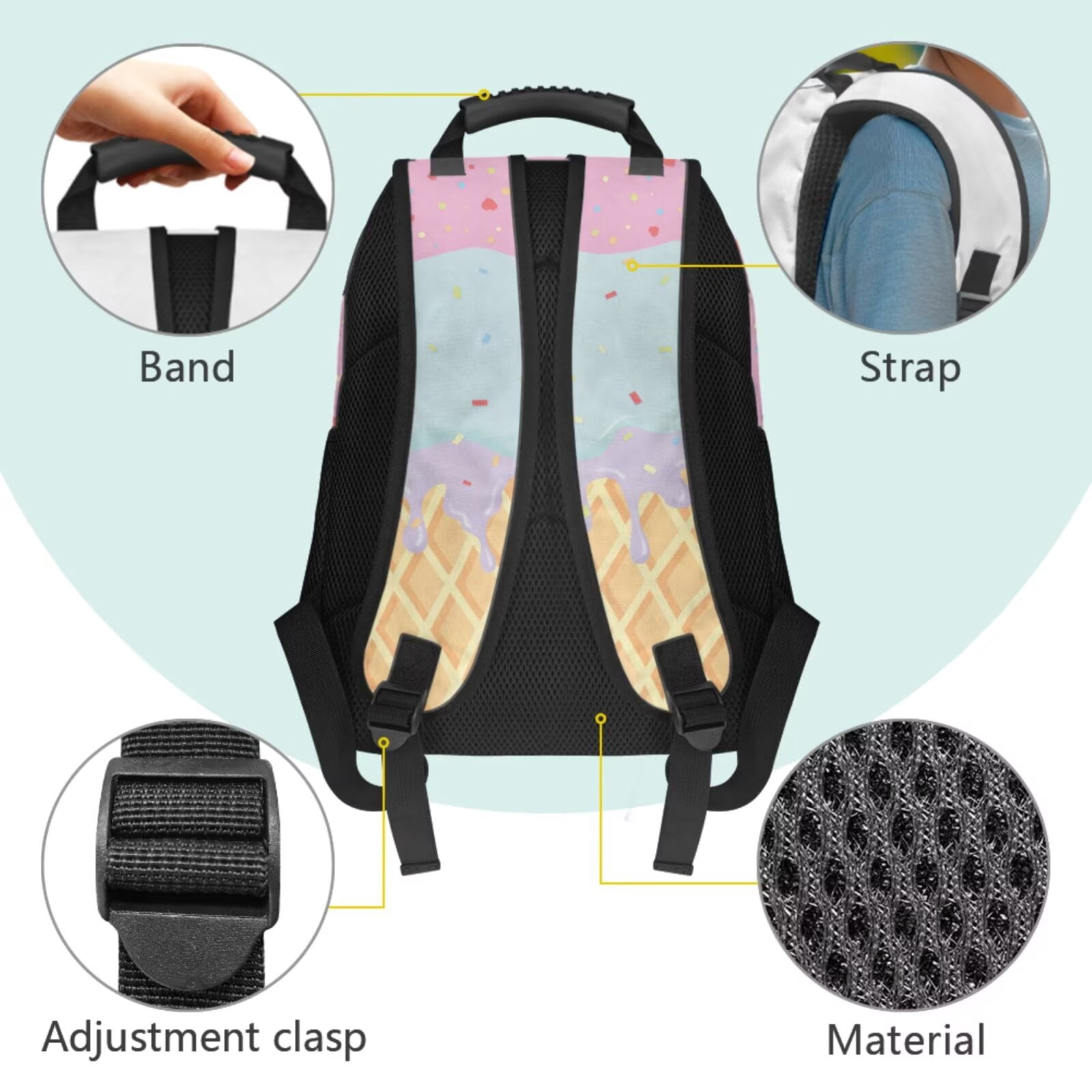 Binienty Axolotl Ice Cream Backpack Set For Girls Elementary School 17 Inch School Backpack With Front Pockets Kids Lunch Bag Pen Case Bookmarks 5 Pieces Kids School Supplies