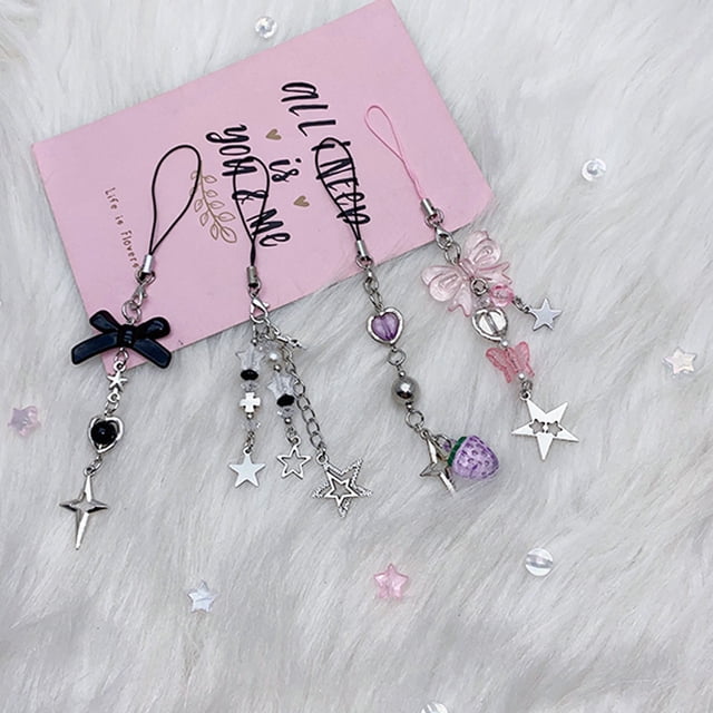 4 piezas lindos colgantes de teléfono estéticos Y2K para teléfono celular correa rosa fresa mariposa estrella teléfono encanto Y2K accesorios para bolsa de teléfono llavero Airpods cámara colgantes d